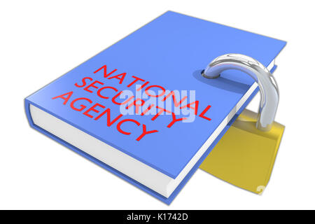 3D-Darstellung der "National Security Agency" Skript auf einem Buch, einer isoliert auf Weiss. Stockfoto