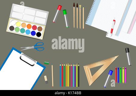 Schulbedarf und Werkzeuge liegen auf einem braunen Holztisch. Freier Platz für Ihr Text wird in der Mitte des Vektors. Stock Vektor