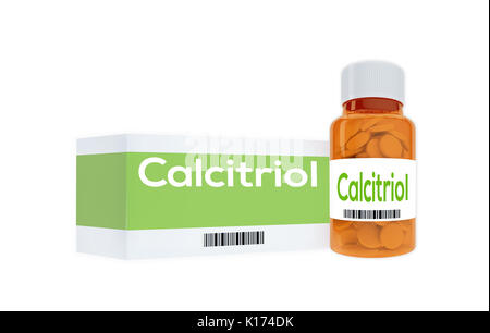 3D-Darstellung der 'Calcitriol" Titel auf Pille Flasche, isoliert auf Weiss. Stockfoto