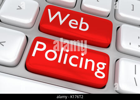 3D-Abbildung der Tastatur mit der Print 'Web Policing" an zwei benachbarten roten Tasten. Internet Konzept. Stockfoto