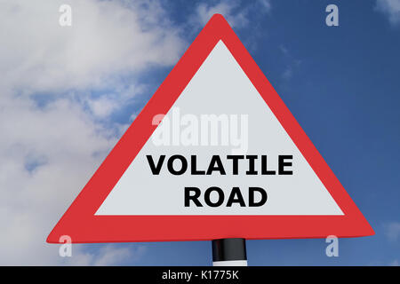 3D-Darstellung von 'VOLATILE ROAD' Skript auf Schild. Straße Konzept. Stockfoto