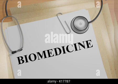 3D-Darstellung der "Biomedizin" Titel auf medizinische Dokumente. Medizinisches Konzept. Stockfoto