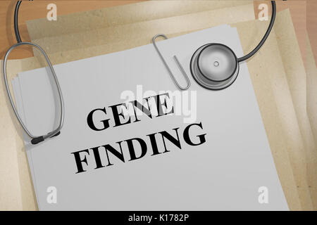 3D-Darstellung der 'Gene finden" Titel auf medizinische Dokumente. Medizinische Forschung Konzept. Stockfoto