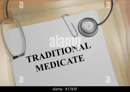 3D-Abbildung der 'traditionellen MEDICATE" Titel auf medizinische Dokumente. Ethische Konzept. Stockfoto