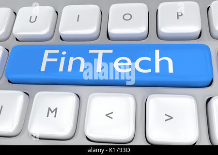 3D-Abbildung der Tastatur mit dem Skript "Fintech' und Lage Symbol auf blass blauen Button. Geschäftskonzept. Stockfoto