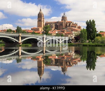 Salamanca Alte und Neue cathedrales spiegelt sich auf Fluss Tormes, Spanien Stockfoto