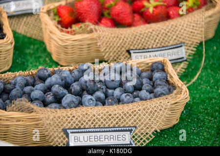 Körbe der Blaubeeren und Erdbeeren auf dem Display Stockfoto