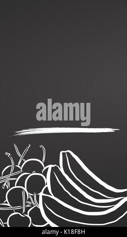 Banane, Kirsche und Copyspace auf Tafel, Hand Obst gezeichnet, Vegetarisch, gesunde Ernährung. Schwarz und Weiß. Stock Vektor