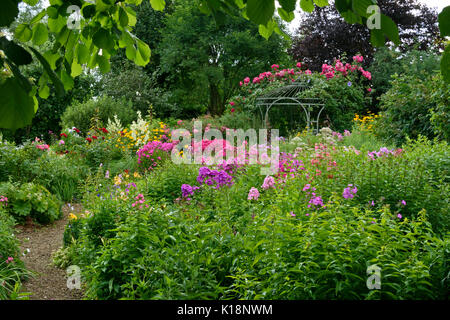 Garten Phlox (Phlox paniculata) und Rosen (Rosa) vor einem gartenpavillon. Design: Marianne und Detlef lüdke Stockfoto