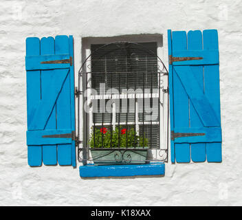 Fenster eines Hauses mit schmiedeeisernem Sicherheitsgitter, Blumenkasten mit roten Blumen, hellblaue Holzläden vor einer weiß gestrichenen Steinmauer, Schottland Stockfoto