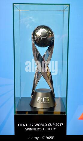 (170825) - NEW DELHI, August 25, 2017 (Xinhua) - die FIFA U-17-WM-Pokal auf einer Show Event vor seiner Reise zu anderen Orten außerhalb der Hauptstadt, New Delhi, August 25, 2017 zu sehen ist. Die 2017 FIFA U-17-Weltmeisterschaft wird vom 6. bis 28. Oktober dieses Jahres in Indien gespielt werden. (Xinhua/Stringer) Stockfoto