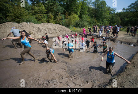 Toronto, Kanada. 26 Aug, 2017. Die Teilnehmer nehmen an den Schlamm Held 2017 Toronto North Event in Toronto, Kanada, 26.08.2017. Die jährliche Veranstaltung zog Tausende von Teilnehmern am Samstag. Credit: Zou Zheng/Xinhua/Alamy leben Nachrichten Stockfoto