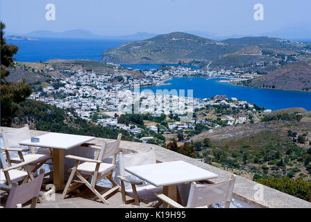 Der Hafen von Skala auf der Insel Patmos, Griechenland Stockfoto