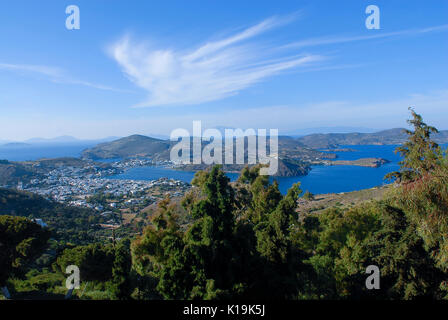 Der Hafen von Skala auf der Insel Patmos, Griechenland Stockfoto