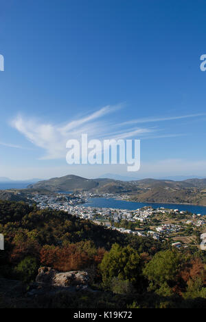 Der Hafen von Skala auf der Insel Patmos, Griechenland Stockfoto