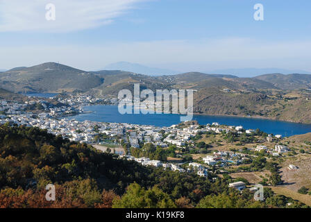 Der Hafen von Skala auf der Insel Patmos, Griechenland Stockfoto