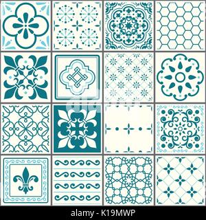 Portugiesische Fliesen Muster, Lissabon nahtlose türkisfarbenen Fliesen, Azulejos vintage geometrische Keramik Design Stock Vektor