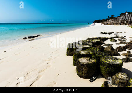 Schöner Strand durch das blaue Wasser des Indischen Ozeans in Sansibar. Sansibar ist eine Insel an der Küste von Tansania - Afrika. Stockfoto