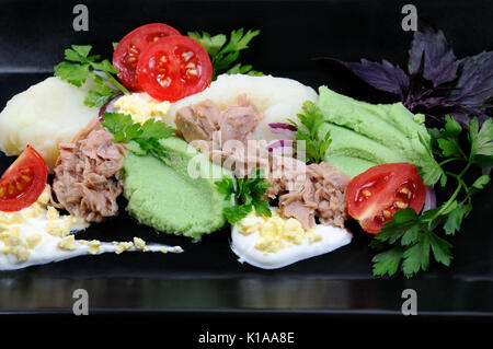 Thunfisch in Dosen mit Garnierung, Kartoffelpüree mit Avocado. Stockfoto