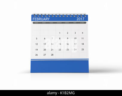 2017 Februar Seite eines Desktop Kalender auf weißem Hintergrund. 3D-Rendering. Stockfoto