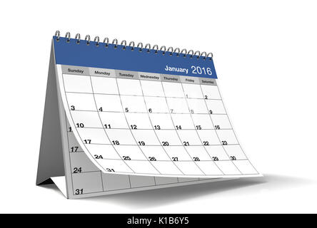 2016 Januar Seite eines Desktop Kalender ist auf isolierten weißen Hintergrund mit Schlagschatten. 3D-Rendering. Stockfoto