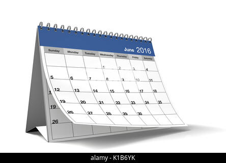 2016 Juni Seite eines Desktop Kalender ist auf isolierten weißen Hintergrund mit Schlagschatten. 3D-Rendering. Stockfoto
