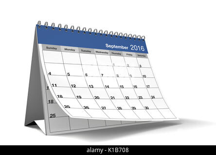2016 September Seite eines Desktop Kalender ist auf isolierten weißen Hintergrund mit Schlagschatten. 3D-Rendering. Stockfoto