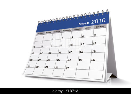 3D-Rendering von 2016 März Seite eines Desktop Kalender ist auf isolierten weißen Hintergrund mit Schlagschatten. Stockfoto