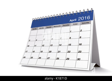 3D-Rendering von 2016 April Seite eines Desktop Kalender ist auf isolierten weißen Hintergrund mit Schlagschatten. Stockfoto