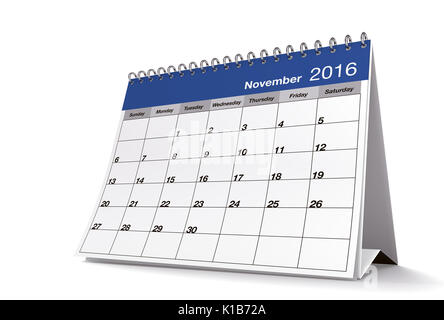 3D-Rendering von 2016 November Seite eines Desktop Kalender ist auf isolierten weißen Hintergrund mit Schlagschatten. Stockfoto