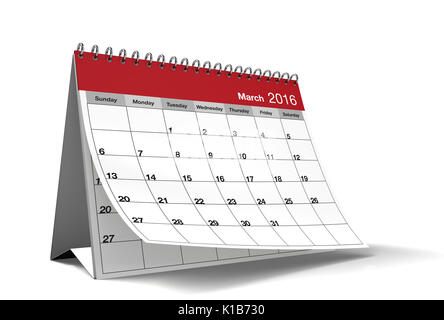 2016 März Seite eines Desktop Kalender ist auf isolierten weißen Hintergrund mit Schlagschatten. 3D-Rendering. Stockfoto