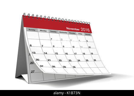 2016 November Seite eines Desktop Kalender ist auf isolierten weißen Hintergrund mit Schlagschatten. 3D-Rendering. Stockfoto