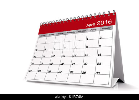 2016 April Seite eines Desktop Kalender ist auf isolierten weißen Hintergrund mit Schlagschatten. 3D-Rendering. Stockfoto