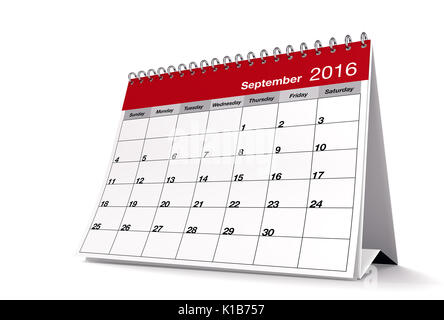 2016 September Seite eines Desktop Kalender ist auf isolierten weißen Hintergrund mit Schlagschatten. 3D-Rendering. Stockfoto