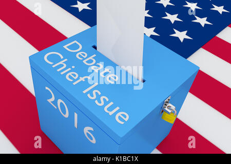 3D-Darstellung der 'Reden Chief Problem', '2016'-Skripte und die Wahlurne, mit US-Flagge als Hintergrund. Wahl Konzept. Stockfoto