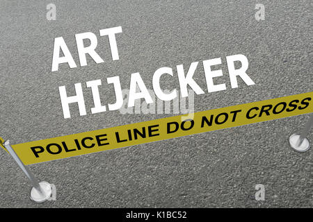 3D-Abbildung der 'Kunst HIJACKER" Titel auf dem Boden in einem Polizei Arena. Polizei Konzept Stockfoto