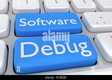 Render Abbildung: Computer Tastatur mit dem Print Software Debuggen auf zwei benachbarte blass blauen Tasten Stockfoto