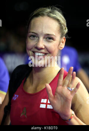 England's Gabrielle Adcock feiert gewann das Mixed Doppel Viertelfinale match bei Tag fünf der BWF-Weltmeisterschaften 2017 im Emirates Arena, Glasgow. Stockfoto