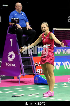 England's Gabrielle Adcock feiert gewann das Mixed Doppel Viertelfinale match bei Tag fünf der BWF-Weltmeisterschaften 2017 im Emirates Arena, Glasgow. Stockfoto