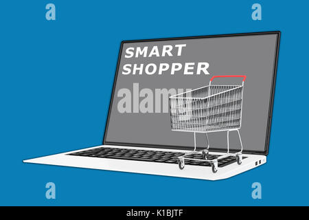 3D-Darstellung der 'SMART SHOPPER' Skript mit einem Supermarkt Warenkorb gelegt auf der Tastatur. Markt Konzept. Stockfoto