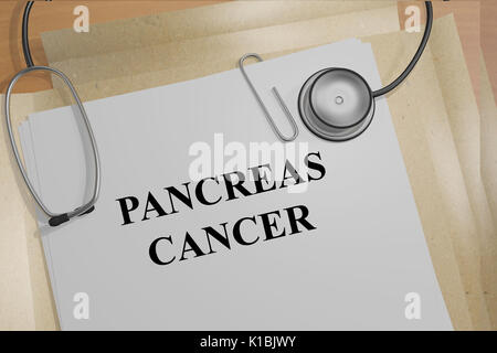 3D-Illustration des Pankreas Krebs Titel auf medizinische Dokumente. Medicial Konzept. Stockfoto