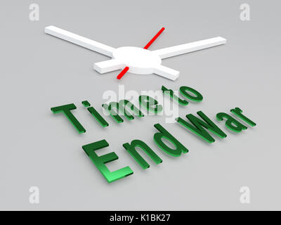3D-Darstellung der' zeit Titel Ende Krieg' mit einer Uhr als Hintergrund. Zeit Konzept. Stockfoto