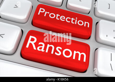 3D-Abbildung der Tastatur mit dem print Schutz Lösegeld an zwei benachbarten roten Tasten. Web Malware Konzept. Stockfoto