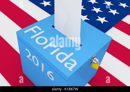 Render Abbildung von Florida, 2016 Titel auf der Wahlurne, mit US-Flagge als Hintergrund. Wahl Konzept. Stockfoto