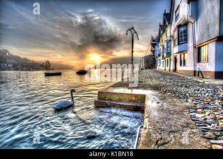 Stadt Dartmouth, England. Malerische Aussicht auf ein Schwan im Hafen angrenzend an der Dartmouth historische Bayard Bucht schwimmen. Stockfoto