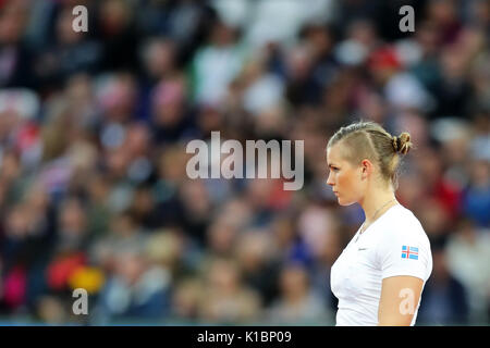 Ásdís HJÁLMSDÓTTIR (Island) in der Frauen Speerwerfen Finale bei den 2017 konkurrieren, IAAF Weltmeisterschaften, Queen Elizabeth Olympic Park, Stratford, London, UK. Stockfoto