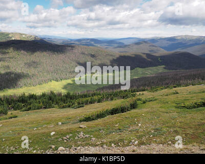 Sommer im Rocky Mountain National Park in Colorado. Weiße geschwollene Wolken werfen Schatten auf die Berge und Wiesen. Stockfoto