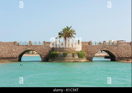 Große steinerne Brücke über einer tropischen Lagune Fluss mit ein paar Bögen und Palm Tree Stockfoto