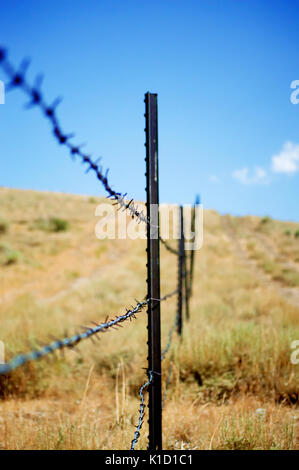 Ein metall Stacheldrahtzaun Pfosten auf einem Wüste von Utah Hang. Stockfoto