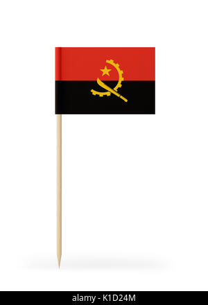 Kleine Angola Flagge auf einem Zahnstocher. Die Flagge hat freundlich ausführlichen Papier Textur. Hochwertige 3D-Render. Auf weissem Hintergrund. Stockfoto